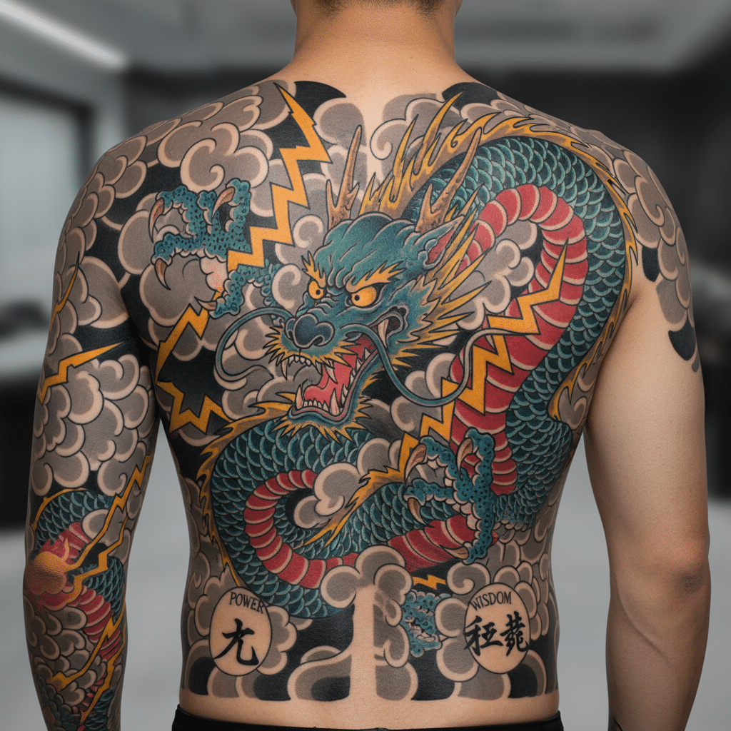 image Intricate dragon tattoo on man's back, vibrant colors, detailed scales, with power and wisdom symbols. | Sky Rye Design Intricate dragon tattoo on man's back, vibrant colors, detailed scales, with power and wisdom symbols.