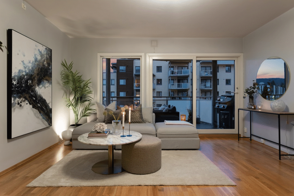Modern living room with gray sectional sofa, abstract art, and balcony view through large windows at dusk.