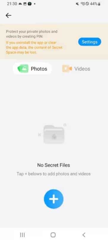 App screen showing options for securing private photos and videos with no secret files added yet.