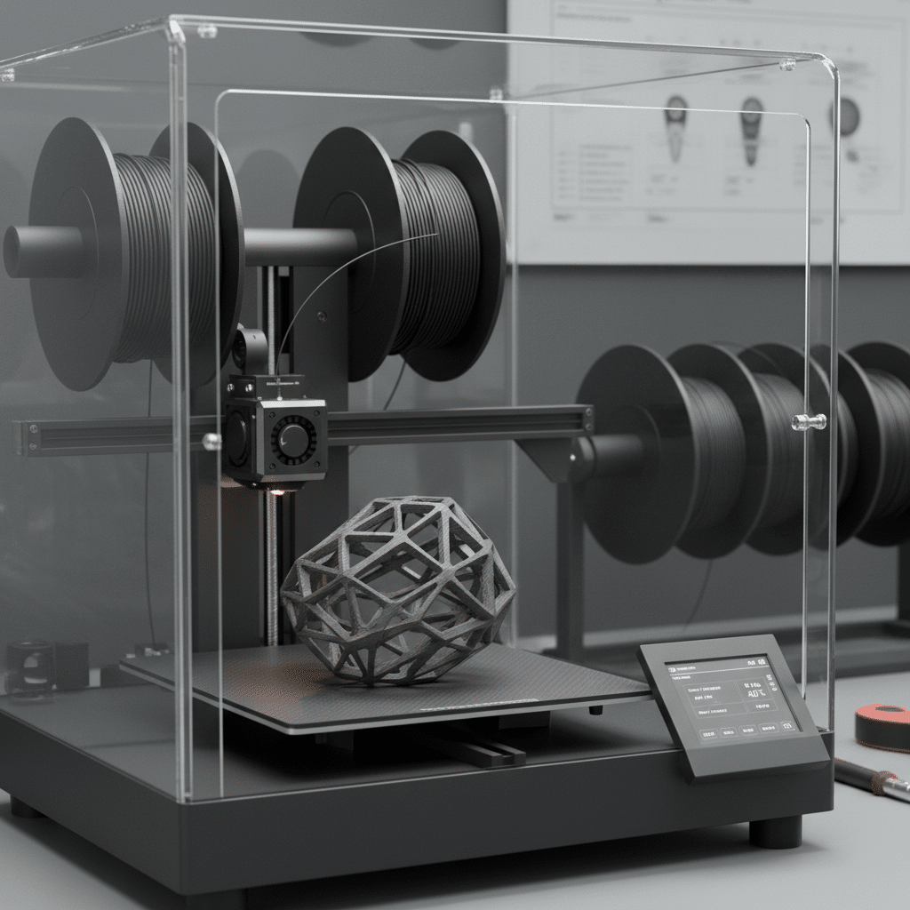 image 3D printer creating a geometric object, featuring filament spools and digital control panel in a modern setting. | Sky Rye Design 3D printer creating a geometric object, featuring filament spools and digital control panel in a modern setting.