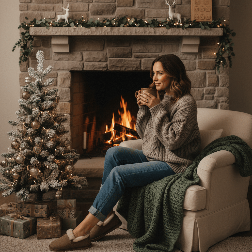 image Cozy woman in sweater enjoying hot drink by fireplace, decorated Christmas tree, and gifts. Warm holiday scene indoors. | Sky Rye Design Cozy woman in sweater enjoying hot drink by fireplace, decorated Christmas tree, and gifts. Warm holiday scene indoors.