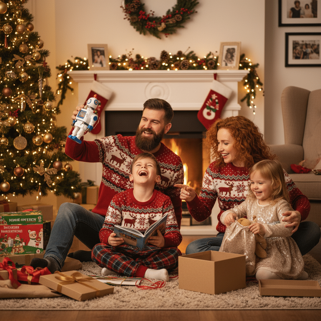 image Family in matching sweaters enjoy Christmas morning by the tree and fireplace, opening gifts and smiling. | Sky Rye Design Family in matching sweaters enjoy Christmas morning by the tree and fireplace, opening gifts and smiling.