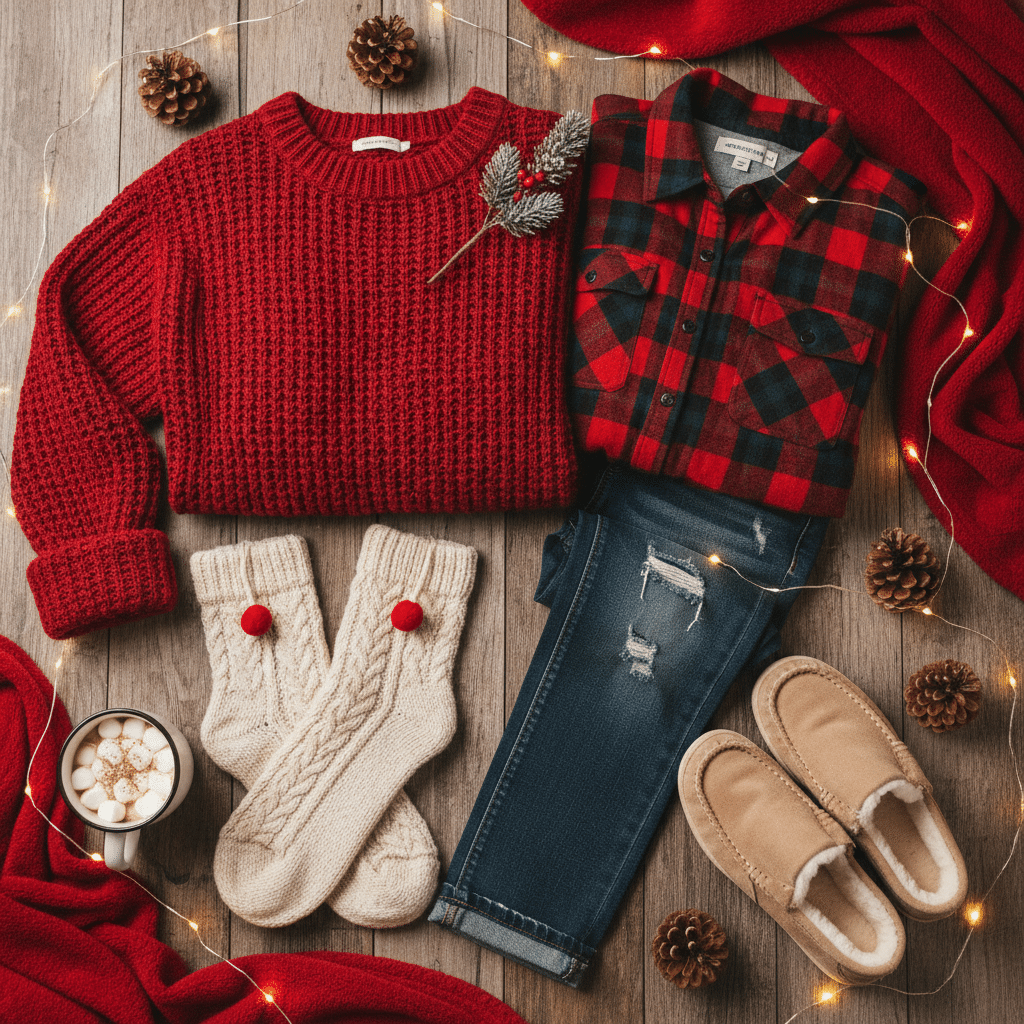 image Cozy winter outfit with red sweater, plaid shirt, jeans, wool socks, and slippers on wooden floor with lights. | Sky Rye Design Cozy winter outfit with red sweater, plaid shirt, jeans, wool socks, and slippers on wooden floor with lights.
