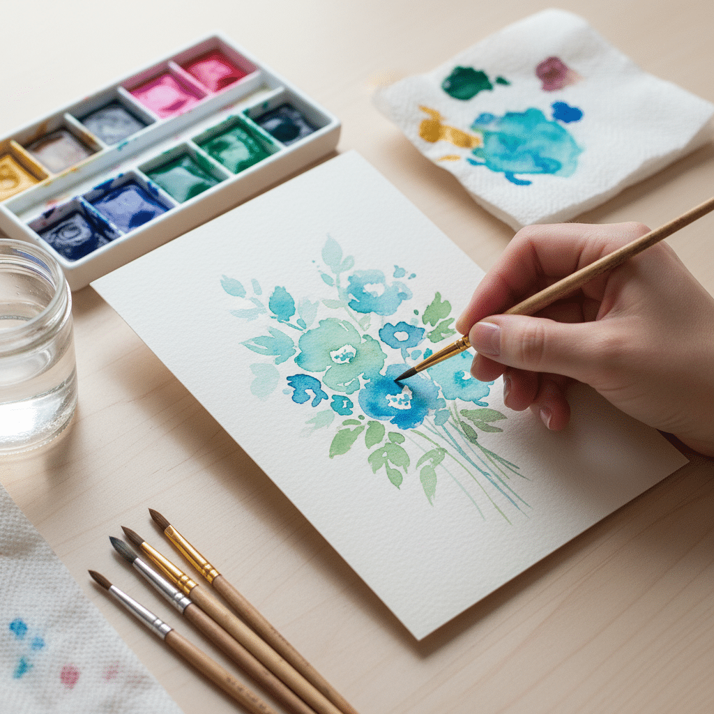 Hand painting blue floral watercolor art with brushes and watercolor set on a wooden surface.