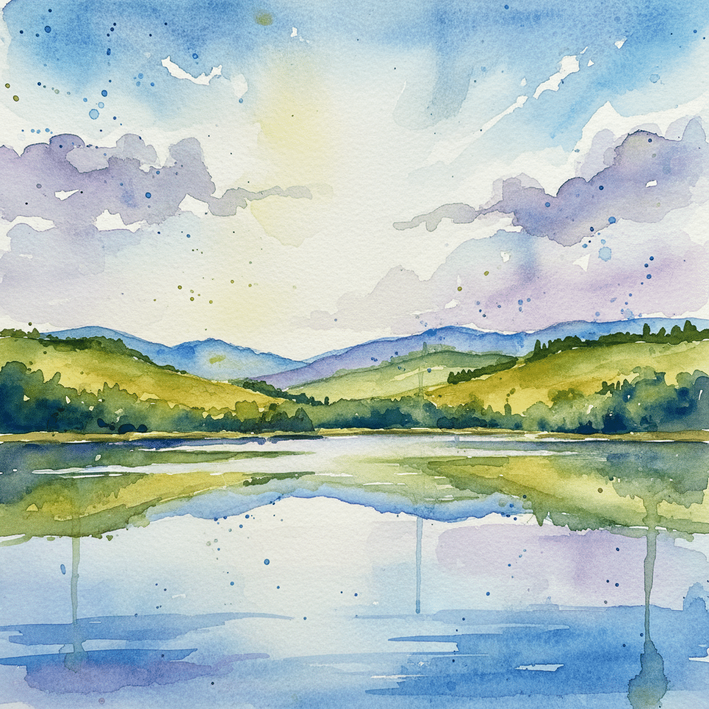 Watercolor landscape of serene lake with blue hills and a vibrant sky. Reflections enhance the peaceful scenery.