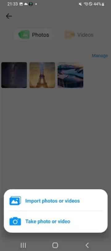 Mobile gallery screen with options to import or take photos, showcasing thumbnails of selected images.