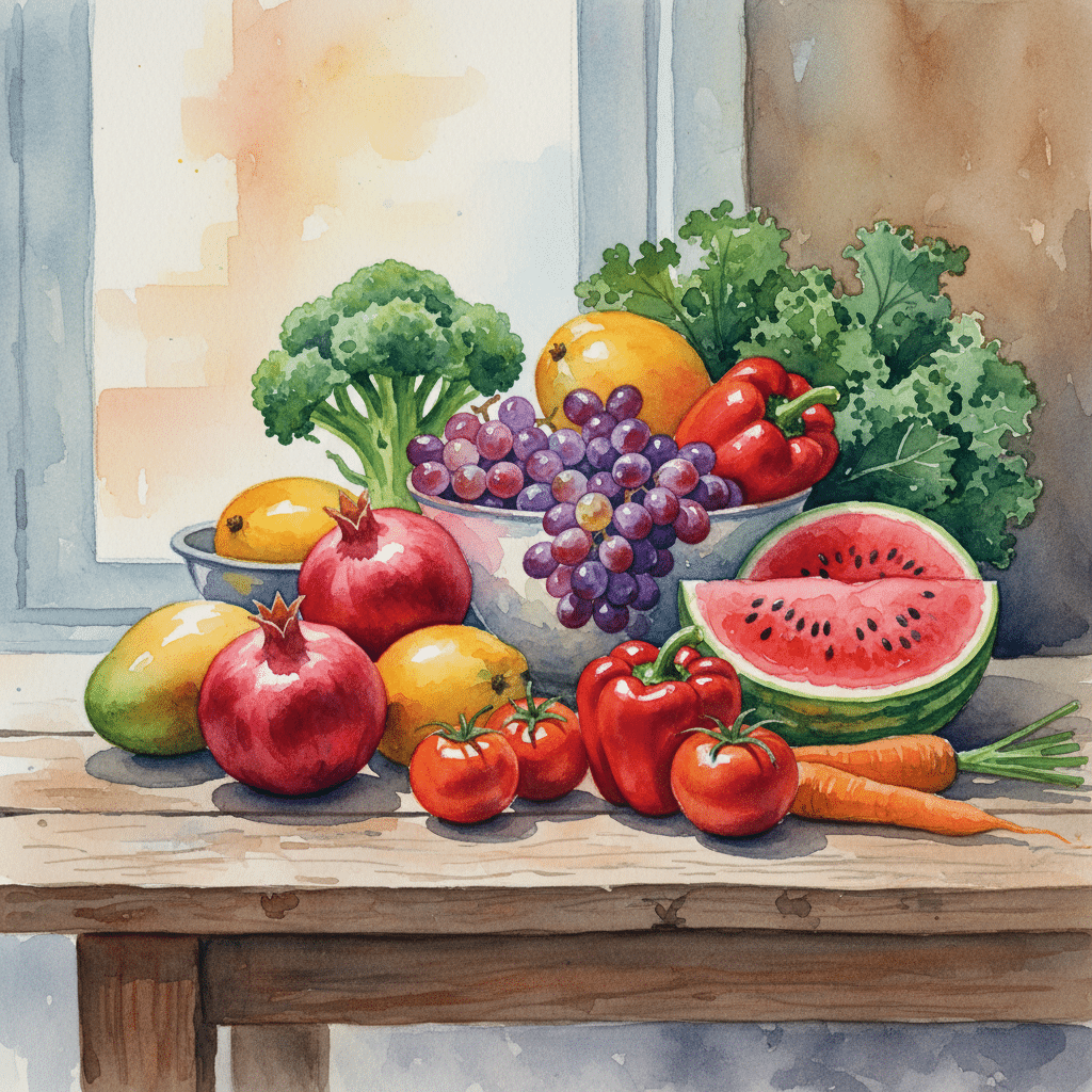 Colorful fruits and vegetables including grapes, tomatoes, watermelon, and more on a wooden table by a window.