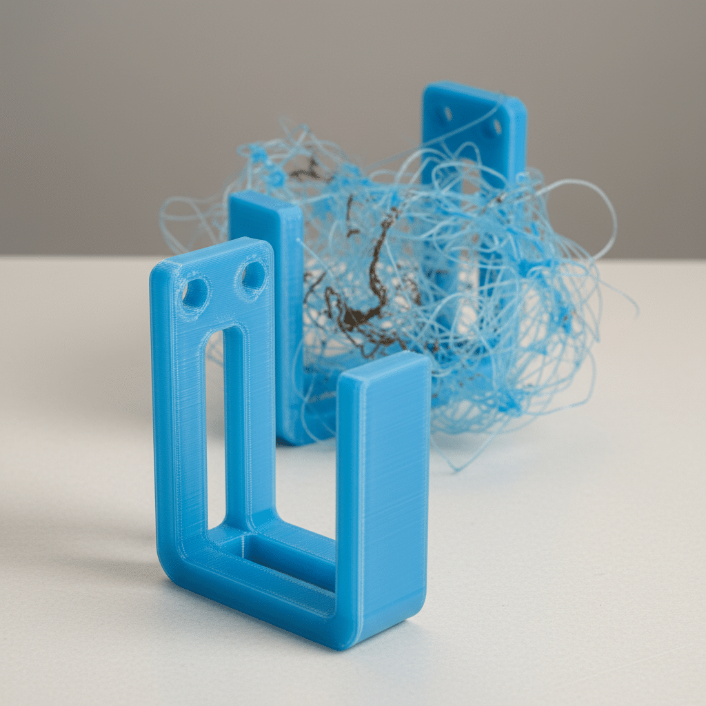 image Blue 3D-printed hooks with tangled blue filament in background, showcasing creative design and manufacturing processes. | Sky Rye Design Blue 3D-printed hooks with tangled blue filament in background, showcasing creative design and manufacturing processes.