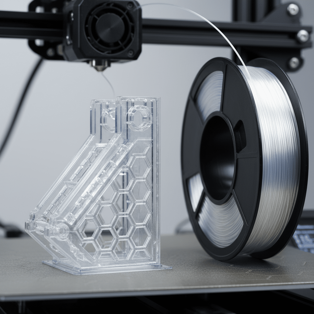 image Clear hexagonal 3D print and filament spool on a 3D printer bed. | Sky Rye Design Clear hexagonal 3D print and filament spool on a 3D printer bed.