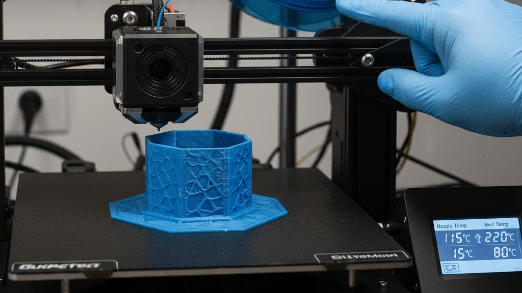 image 3D printer using blue PETG filament to create a geometric object, with a gloved hand adjusting the setup. | Sky Rye Design 3D printer using blue PETG filament to create a geometric object, with a gloved hand adjusting the setup.