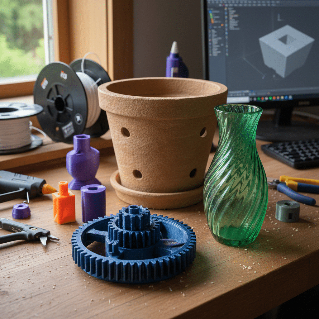 image 3D-printed gear, vase, and pot on a workbench with tools and computer display in a modern design setting. | Sky Rye Design 3D-printed gear, vase, and pot on a workbench with tools and computer display in a modern design setting.