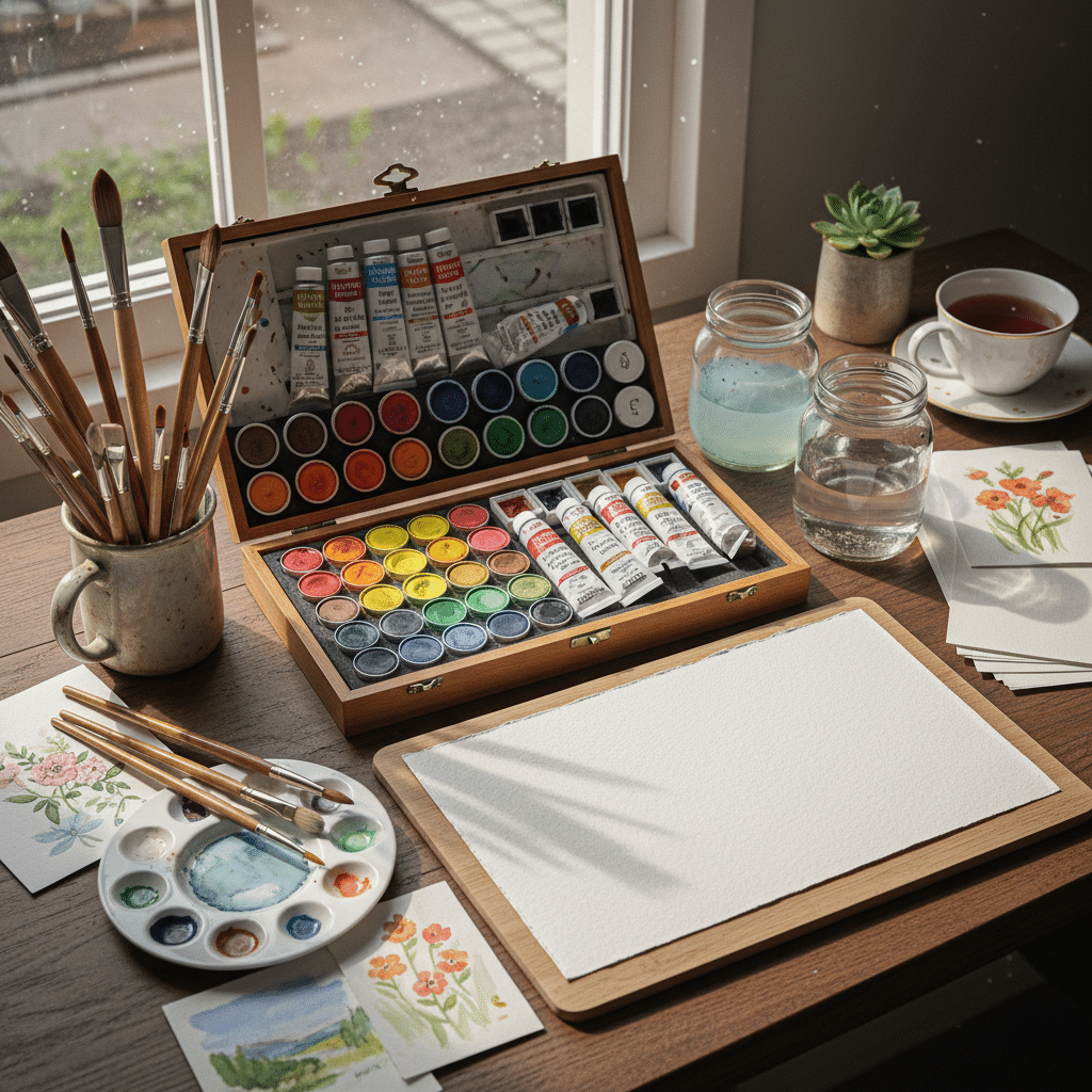 image Creative watercolor painting setup with paints, brushes, and blank canvas by a sunny window. | Sky Rye Design Creative watercolor painting setup with paints, brushes, and blank canvas by a sunny window.