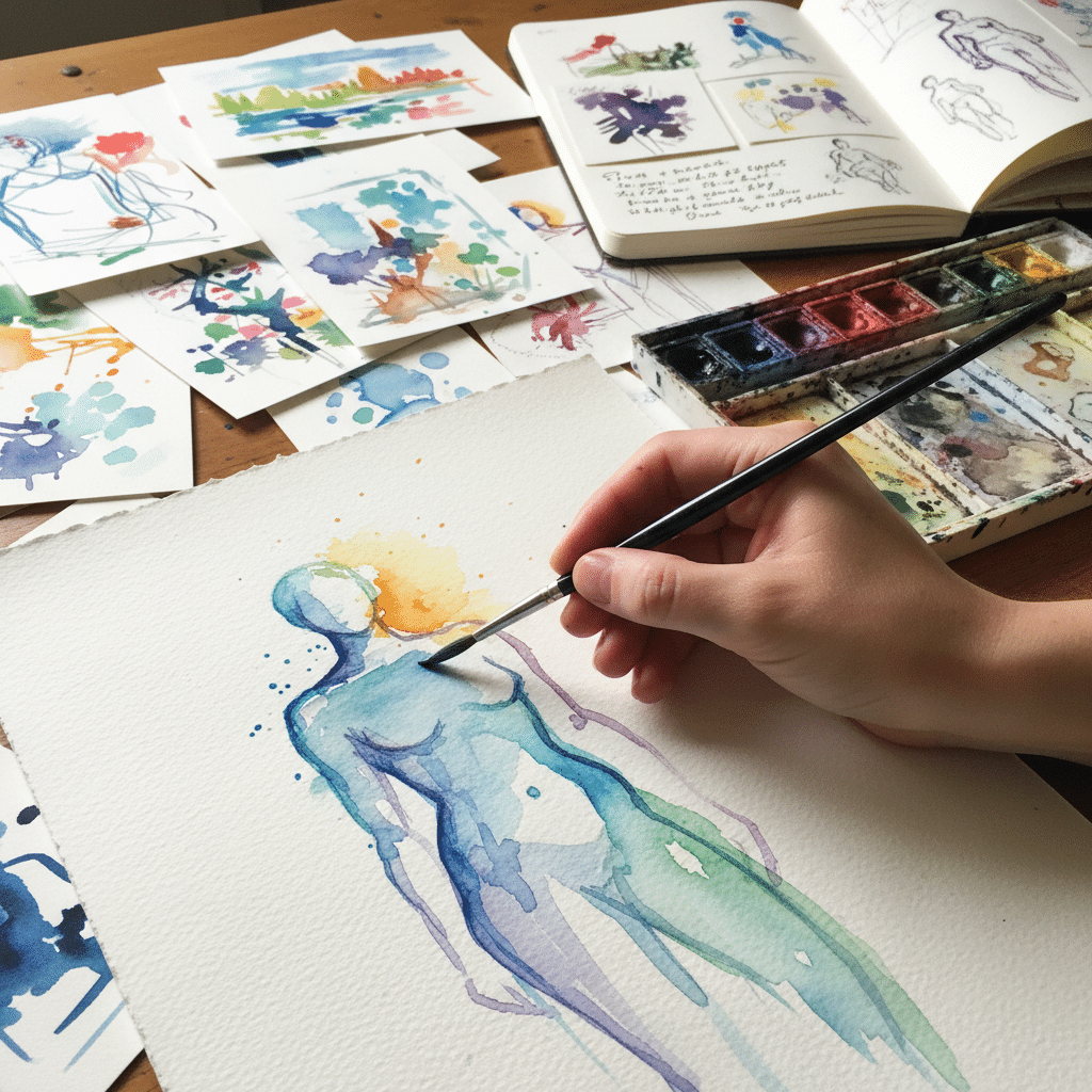 image Artist painting a colorful watercolor figure, surrounded by sketchbooks and paint supplies on a wooden table. | Sky Rye Design Artist painting a colorful watercolor figure, surrounded by sketchbooks and paint supplies on a wooden table.