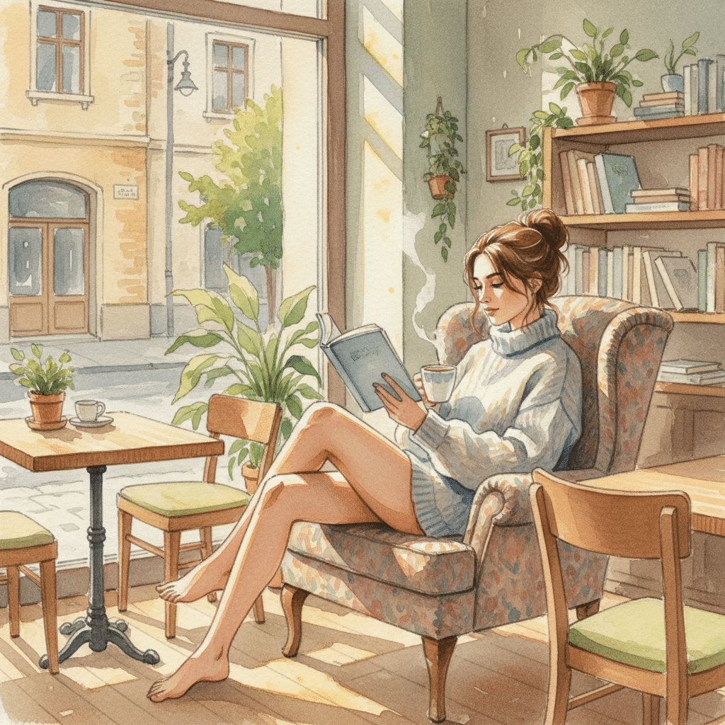 image Cozy cafe scene: woman reading in armchair with coffee, surrounded by plants and books in sunlit interior. | Sky Rye Design Cozy cafe scene: woman reading in armchair with coffee, surrounded by plants and books in sunlit interior.