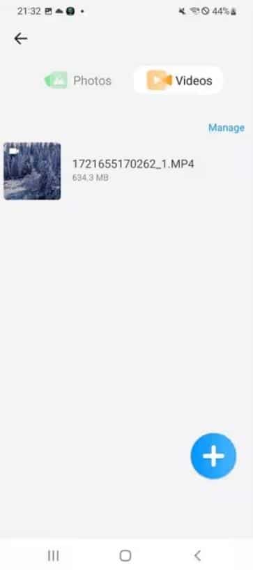 Screenshot of a mobile interface showing a video file named 1721655170262_1.MP4 with a size of 634.3 MB.