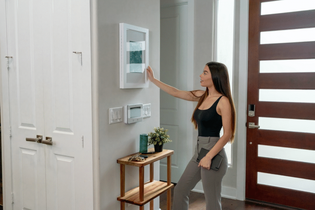 Woman using smart home panel in modern hallway.