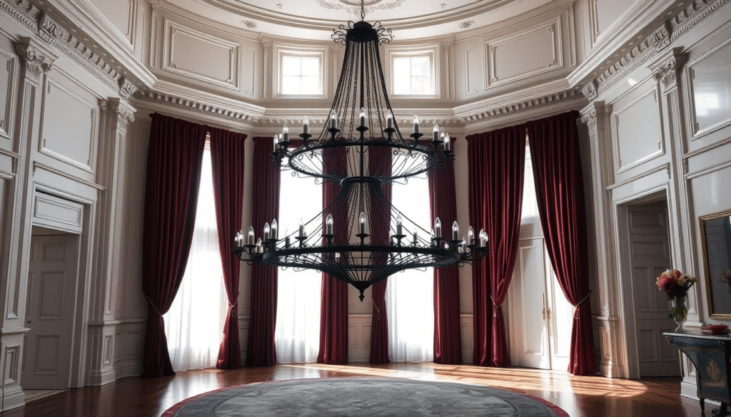 Elegant room with a large chandelier, red curtains, and intricate molding, creating a classic, sophisticated atmosphere.