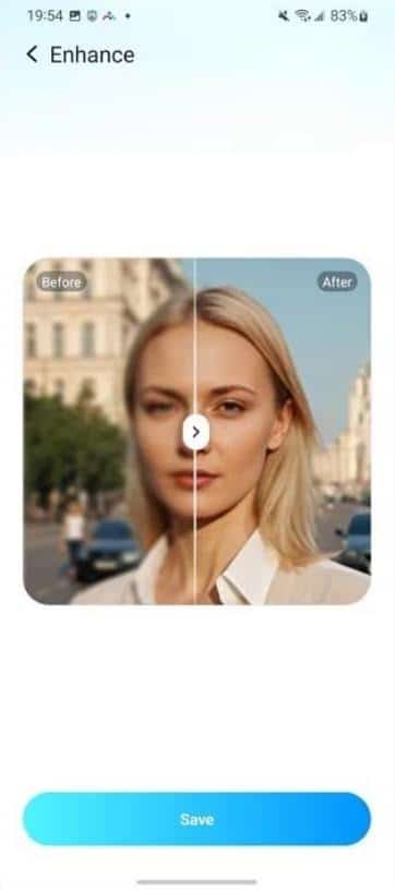 Image enhancement feature showing before and after effects on a woman's portrait outdoors.