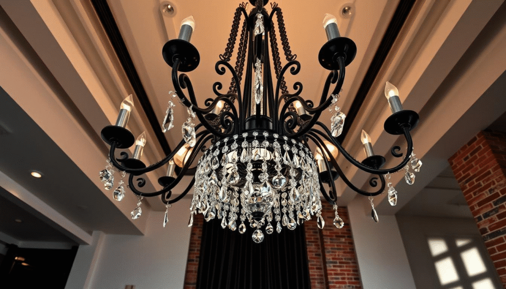 Elegant black chandelier with sparkling crystal pendants in a modern interior setting.