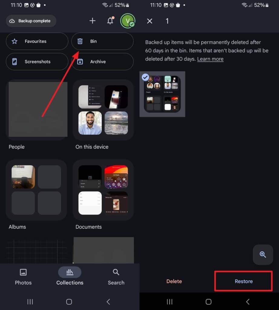 Screenshot of a phone’s gallery with options to delete, restore, or archive images and backup status displayed.