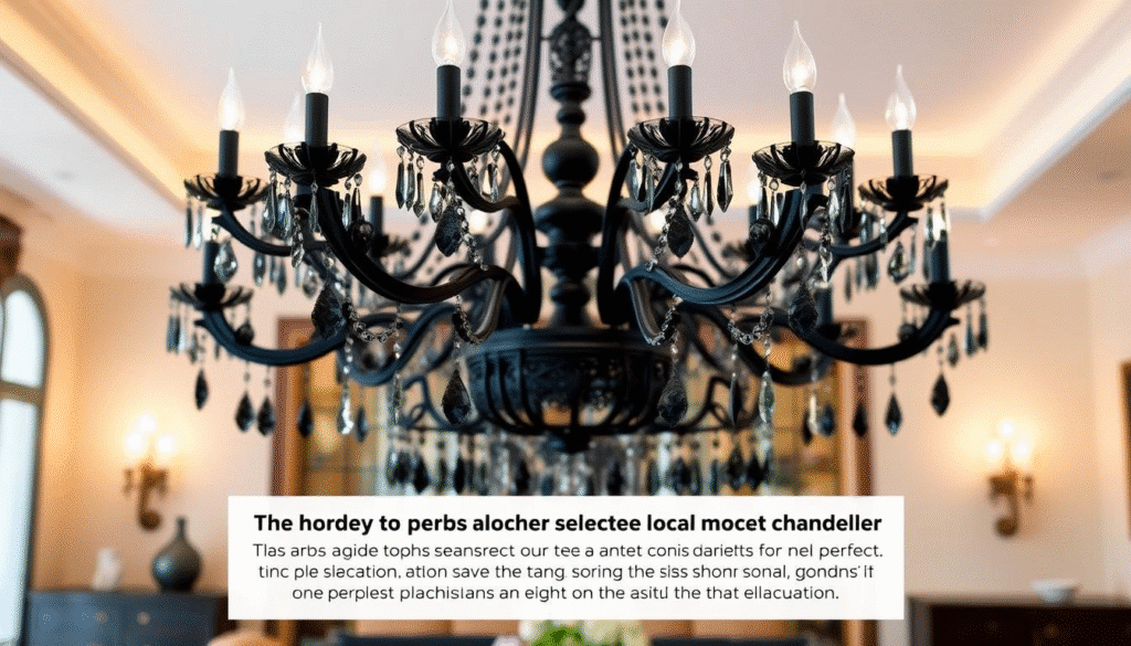 Elegant black chandelier with lit bulbs, hanging in a stylish, well-lit room with decorative elements.