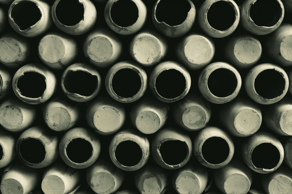 Closeup view of stacked bamboo poles with hollow ends, arranged in rows for construction or decoration.