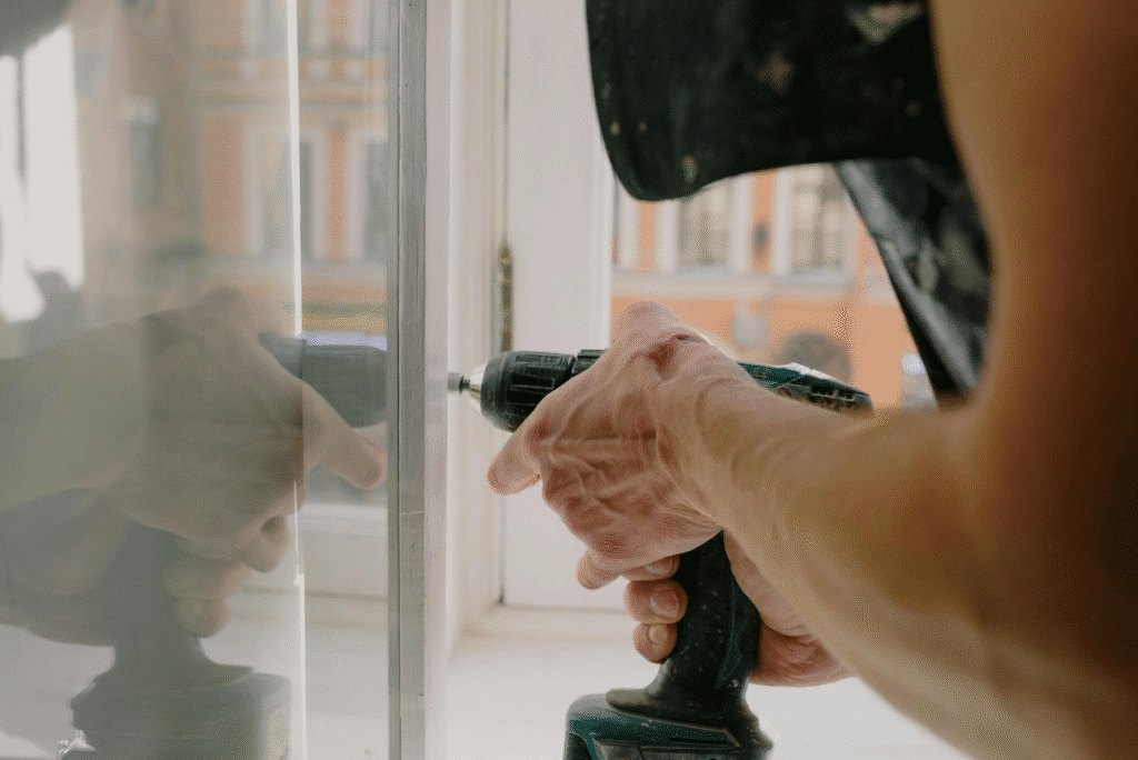 Person using a cordless drill on a window frame indoors, with reflection on glass.