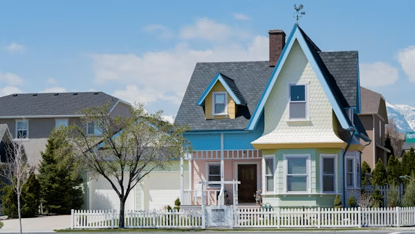 Colorful house with a gabled roof and picket fence against a clear blue sky.