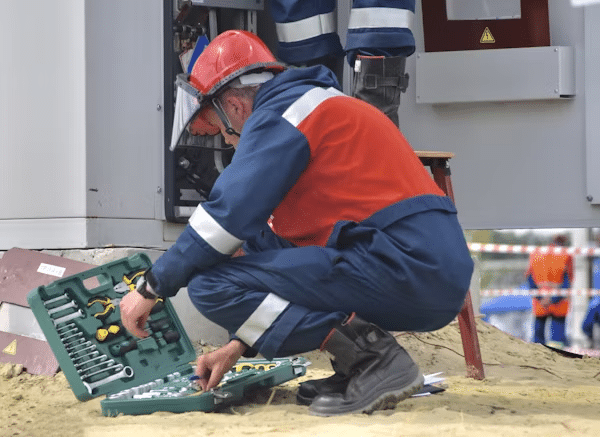 Electrician in safety gear works on equipment with tool kit on sandy site.