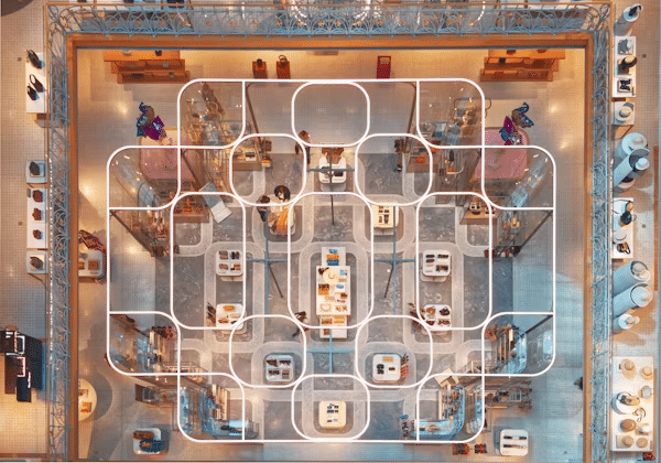 Aerial view of a modern store interior with geometric lighting and displays, featuring various products and a sleek design.