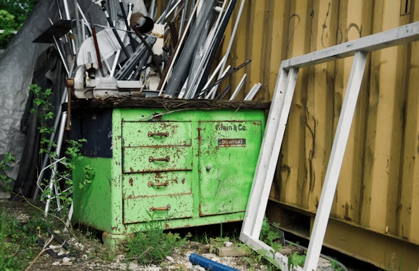 Rusty green metal cabinet and scrap in industrial yard next to a yellow container.
