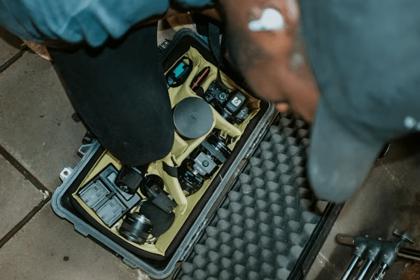 Person organizing camera equipment in a protective case, preparing for photography setup.
