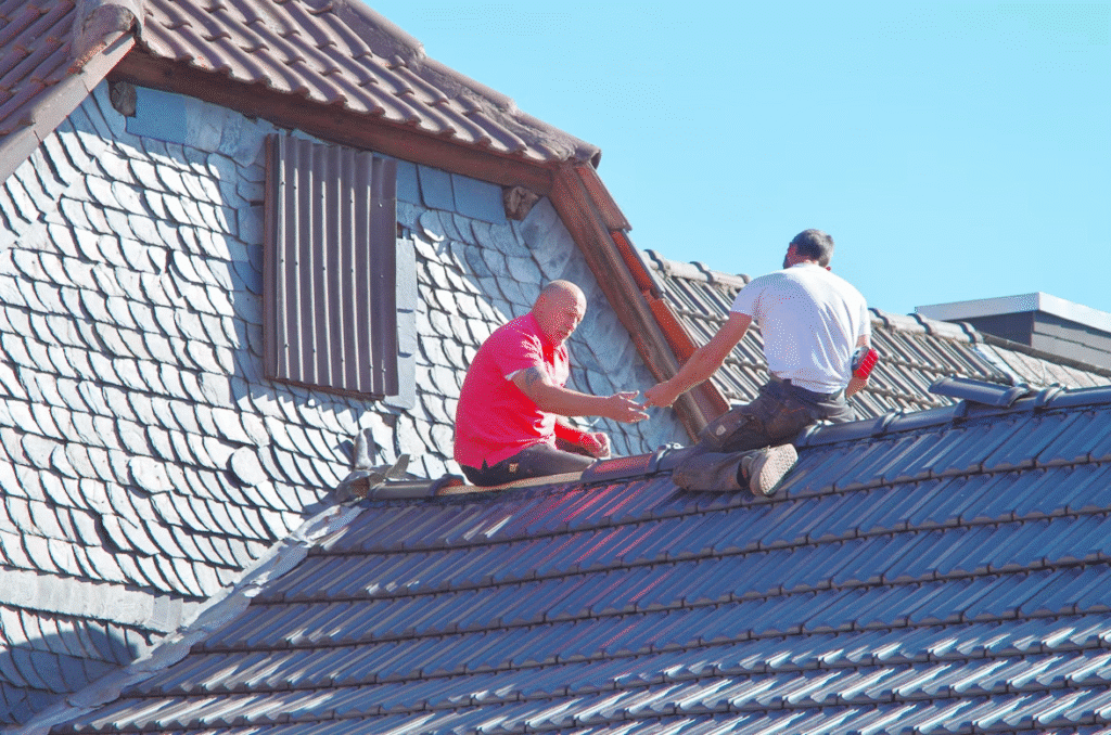 Roofers working together on tiled roof repair under clear blue sky.