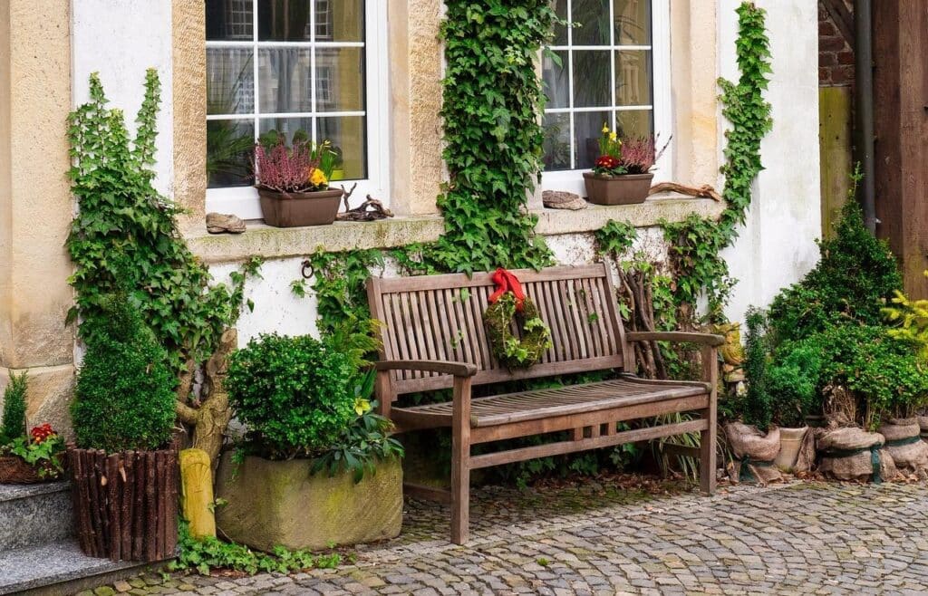 image Charming garden bench surrounded by potted plants and ivy on a rustic building background. | Sky Rye Design Charming garden bench surrounded by potted plants and ivy on a rustic building background.