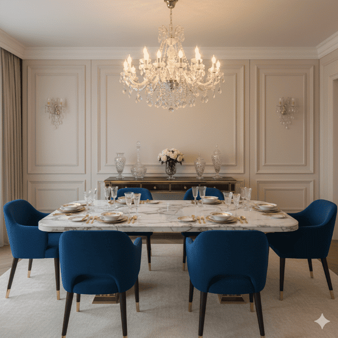 Elegant dining room with a marble table, blue chairs, and a grand chandelier, set for a formal dinner.
