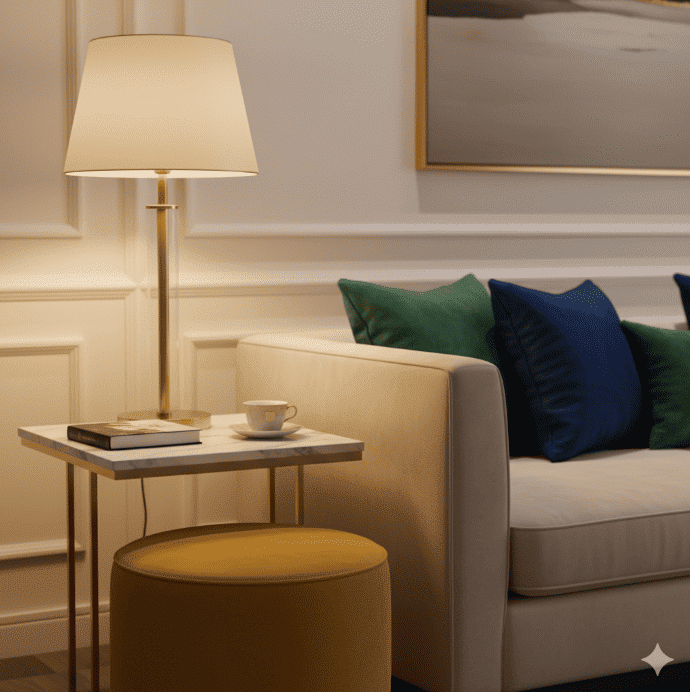 Elegant living room with cozy sofa, colorful pillows, lamp-lit side table, book, coffee cup, and wall art.