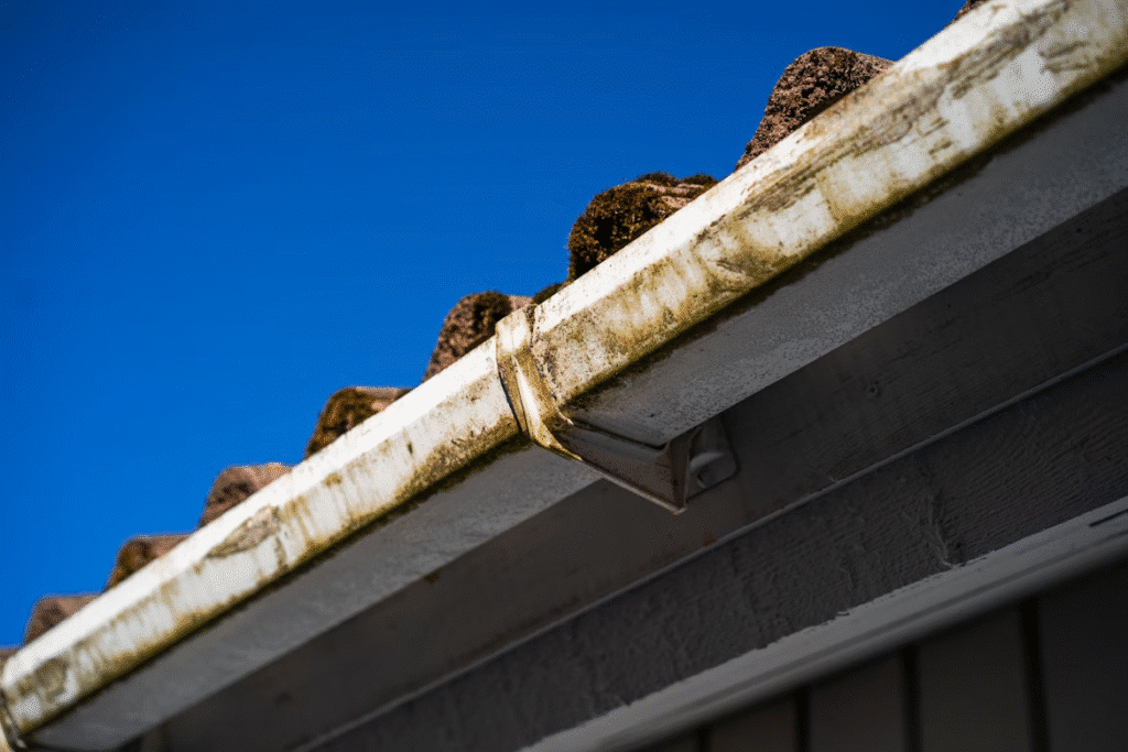 image Aged roof gutter with moss under clear blue sky, illustrating need for maintenance and cleaning. | Sky Rye Design Aged roof gutter with moss under clear blue sky, illustrating need for maintenance and cleaning.