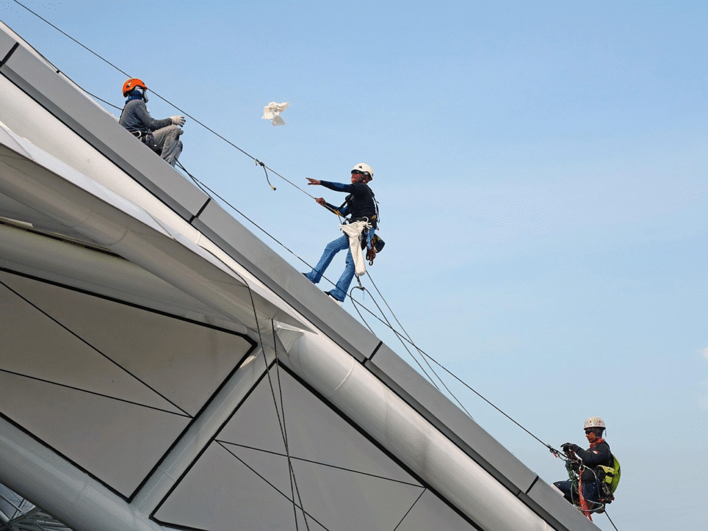 image Workers performing maintenance on a sloped roof while secured with safety ropes under a clear blue sky. | Sky Rye Design Workers performing maintenance on a sloped roof while secured with safety ropes under a clear blue sky.