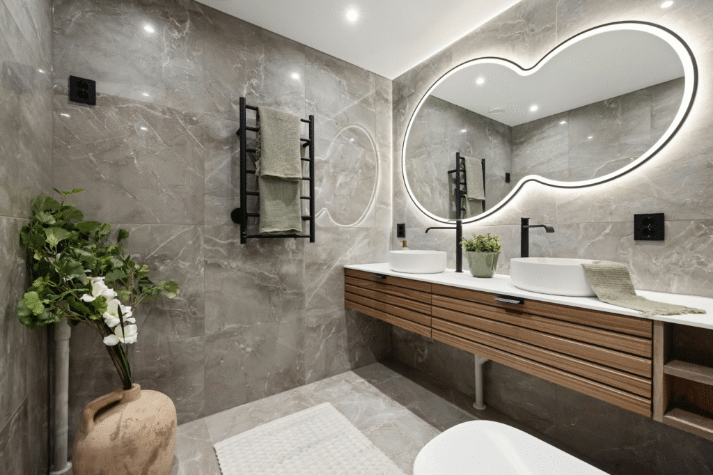 Modern bathroom with double sinks, backlit mirror, marble tiles, and wooden vanity. Elegant and stylish design.
