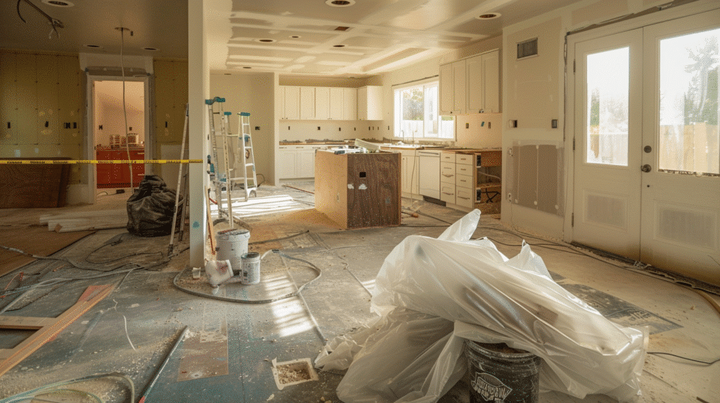 Kitchen renovation in progress with partially installed cabinets, ladders, and construction materials visible.