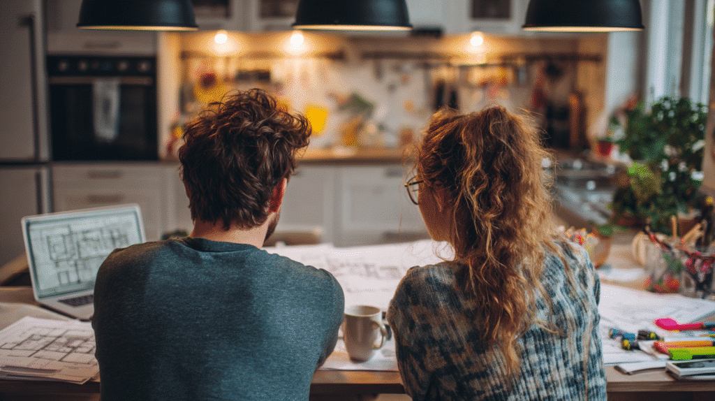 Couple reviewing blueprints on laptop in cozy kitchen workspace, illuminated by pendant lights.
