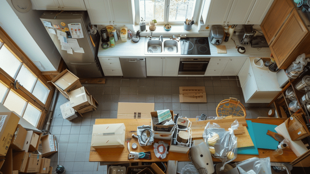 Aerial view of a cluttered kitchen during a move, with boxes and kitchen items scattered around.