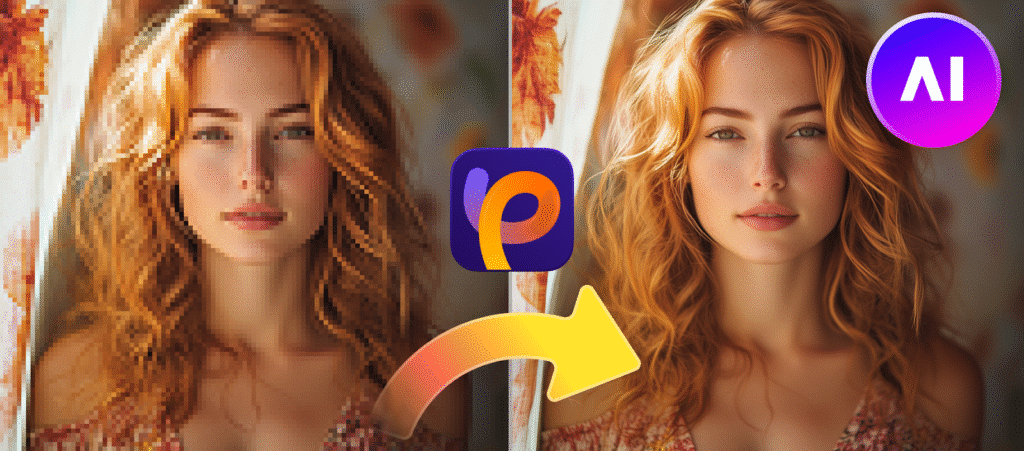 Image shows AI enhancement of a photo, transforming from pixelated to high-definition quality.