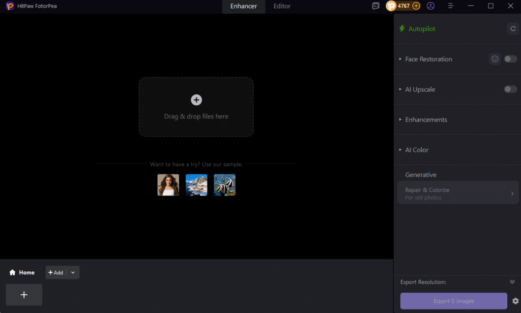 Image editing software interface for enhancing photos with AI tools like face restoration and upscaling options.