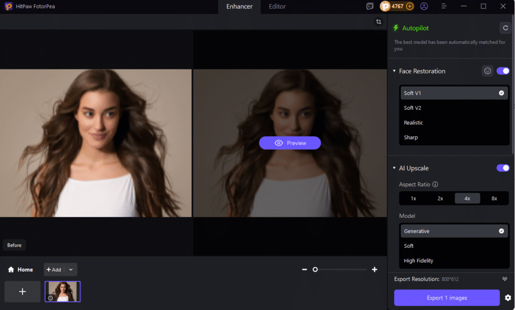 AI image enhancement software interface showing face restoration and upscaling features.