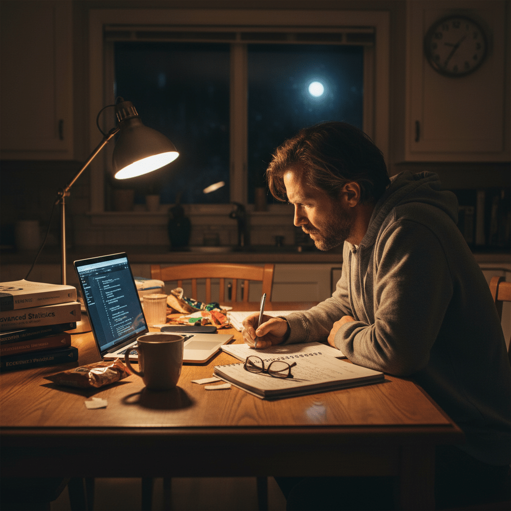 image Man studying late at night with laptop and books, taking notes under desk lamp in cozy home kitchen setting. | Sky Rye Design Man studying late at night with laptop and books, taking notes under desk lamp in cozy home kitchen setting.