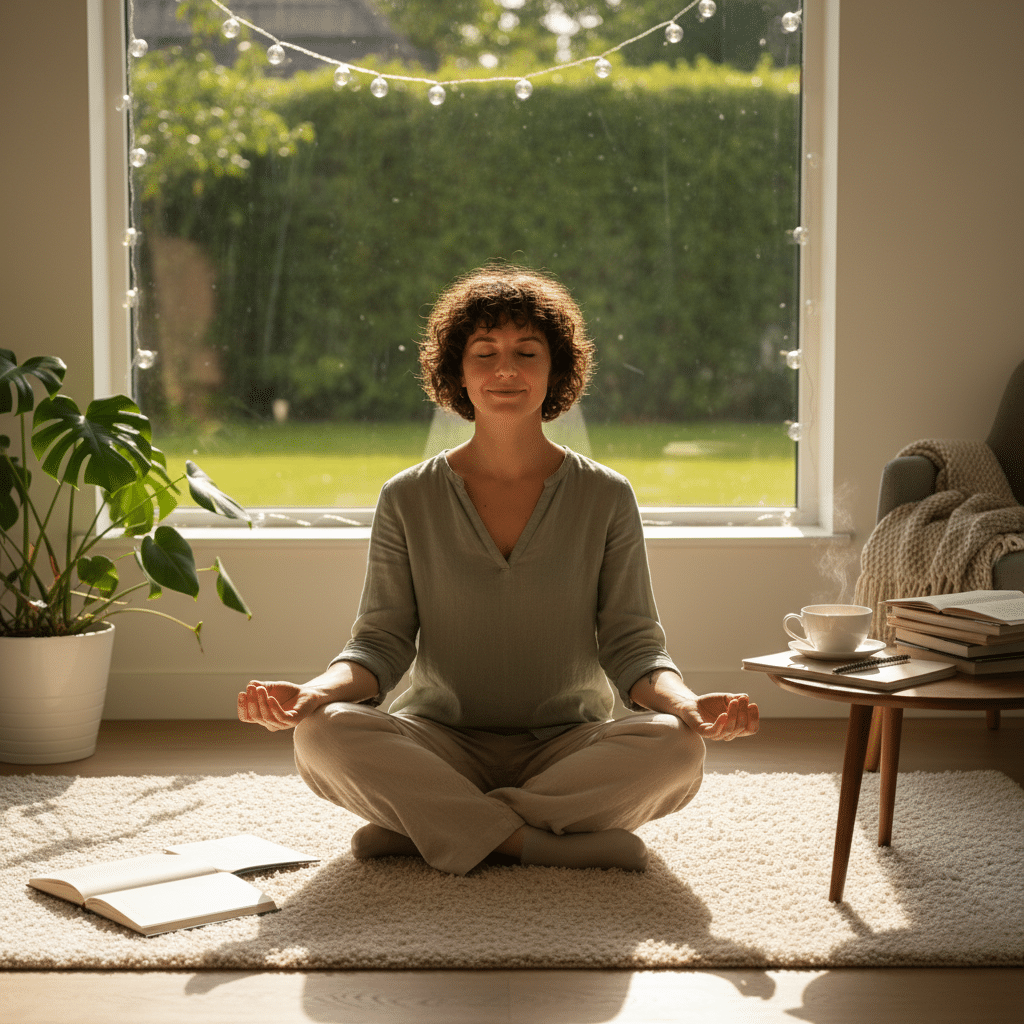 image Woman meditating in a bright room, sitting cross-legged on a rug, near a window with greenery outside. | Sky Rye Design Woman meditating in a bright room, sitting cross-legged on a rug, near a window with greenery outside.