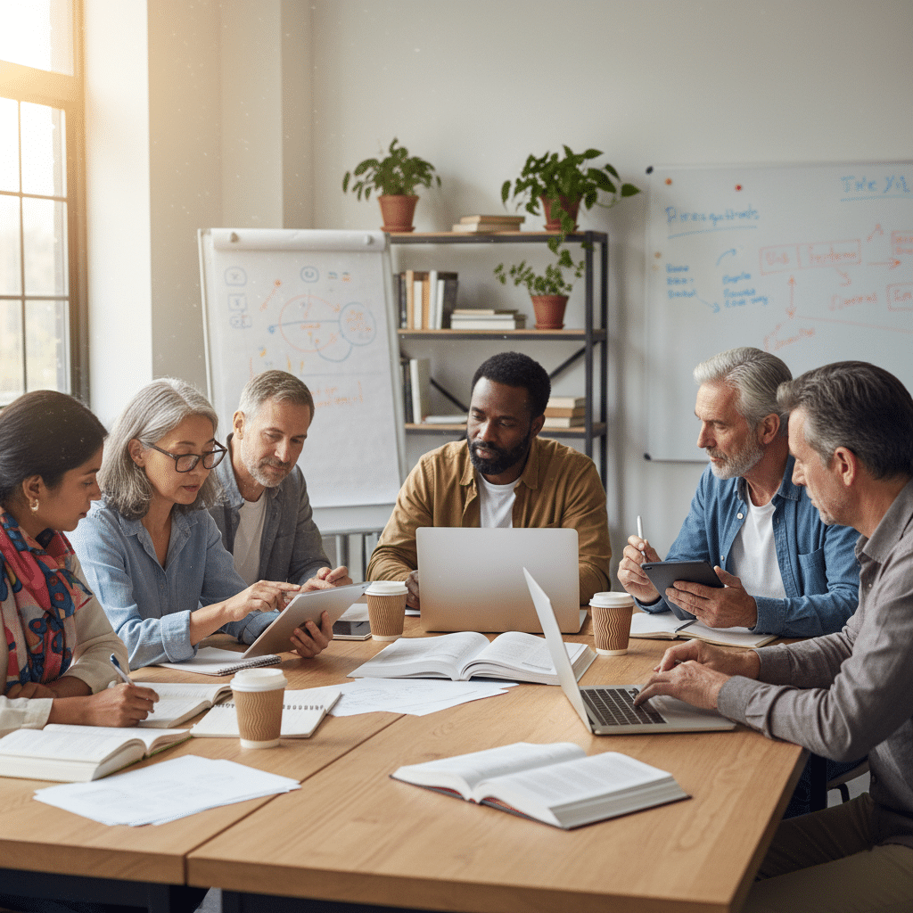 image Diverse team collaborating in an office with laptops and coffee, brainstorming around a table with charts and notes. | Sky Rye Design Diverse team collaborating in an office with laptops and coffee, brainstorming around a table with charts and notes.
