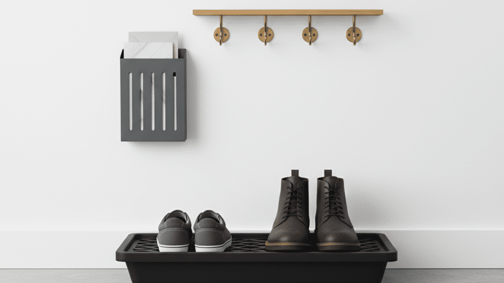 image Minimalist entryway with mail holder, coat hooks, and boot tray featuring sneakers and boots on a gray floor. | Sky Rye Design Minimalist entryway with mail holder, coat hooks, and boot tray featuring sneakers and boots on a gray floor.