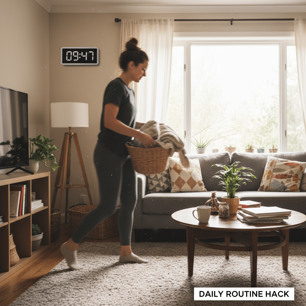 image Person tidying living room with basket at 9:47 AM, embracing daily routine hacks for a tidy home. | Sky Rye Design Person tidying living room with basket at 9:47 AM, embracing daily routine hacks for a tidy home.